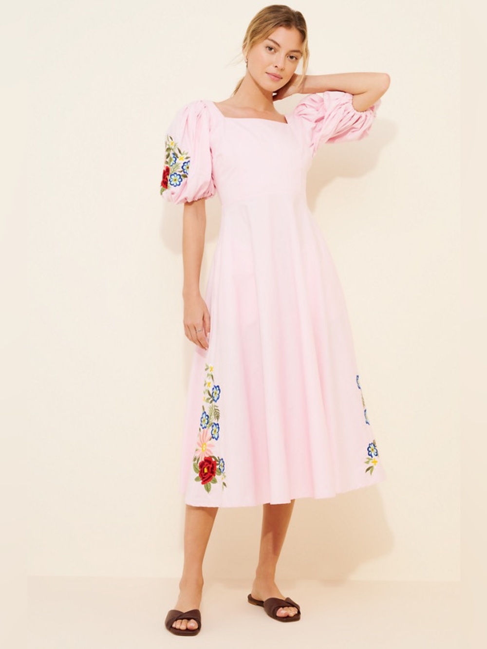 Fanm Mon Maude Embroidered Midi Dress Floral Pink Size Small